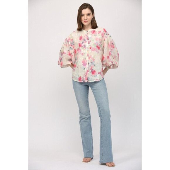 Floral Sequin Bubble Sleeve Blouse - Picture 8 of 12
